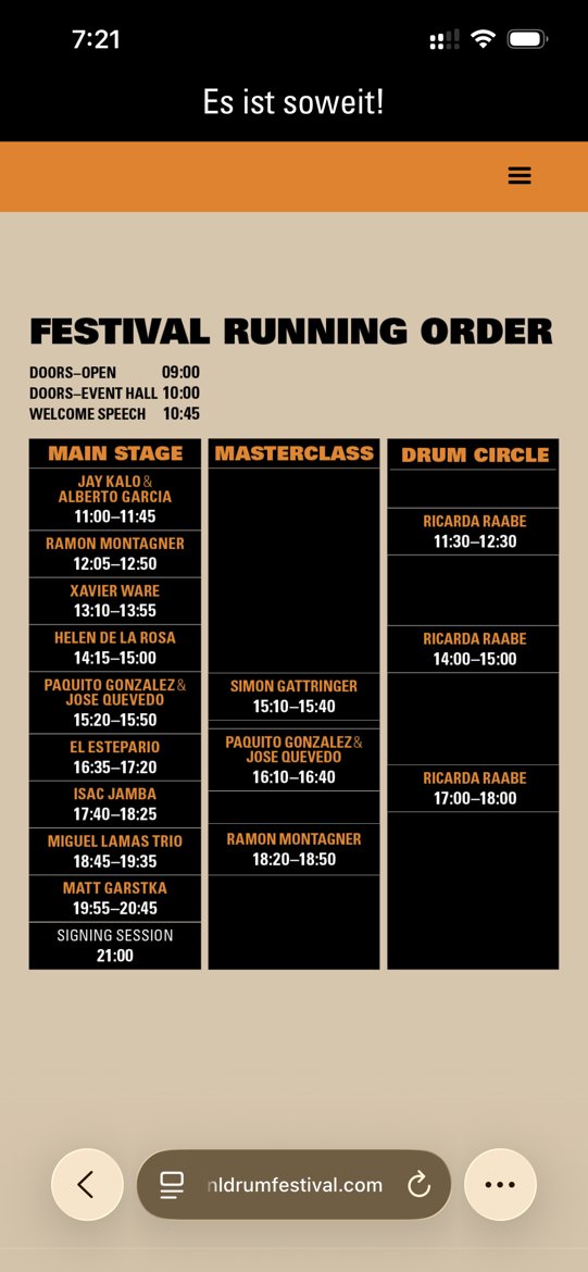 当日のスケジュール(FESTIVAL RUNNING ORDER)のスクリーンショット
