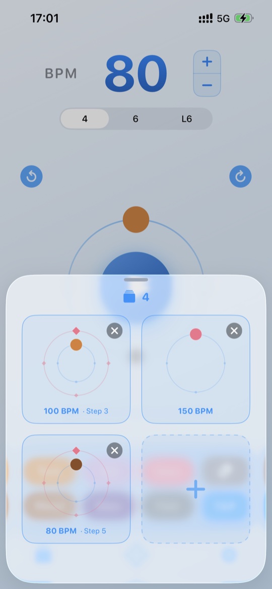 Rhoops のパターン保存画面。保存したパターンが4つのスロットに並んでいる